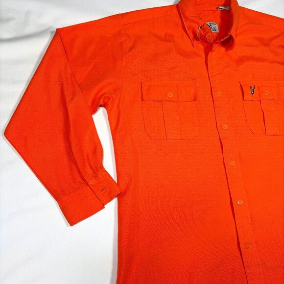 VTG Duck Bay Hunting Blaze Orange Embroidered Deer L/S Button Shirt Mens M Tall - Picture 3 of 9